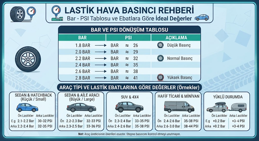 Lastik Hava Basıncı Kaç Olmalı? Bar-PSI Tablosu ve Ebatlara Göre Değerler